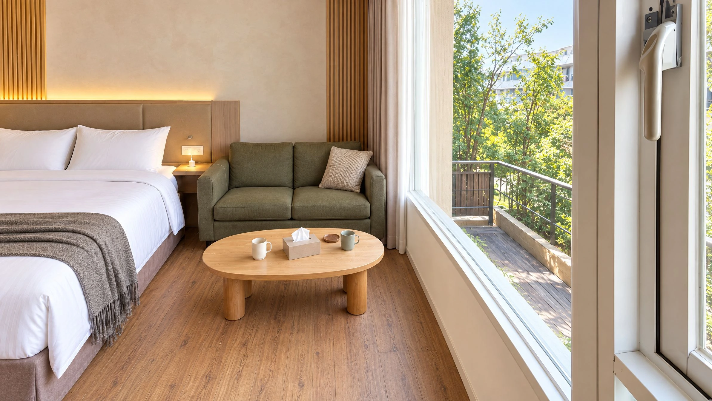 The same fictional room after perspective correction and bedding retouching